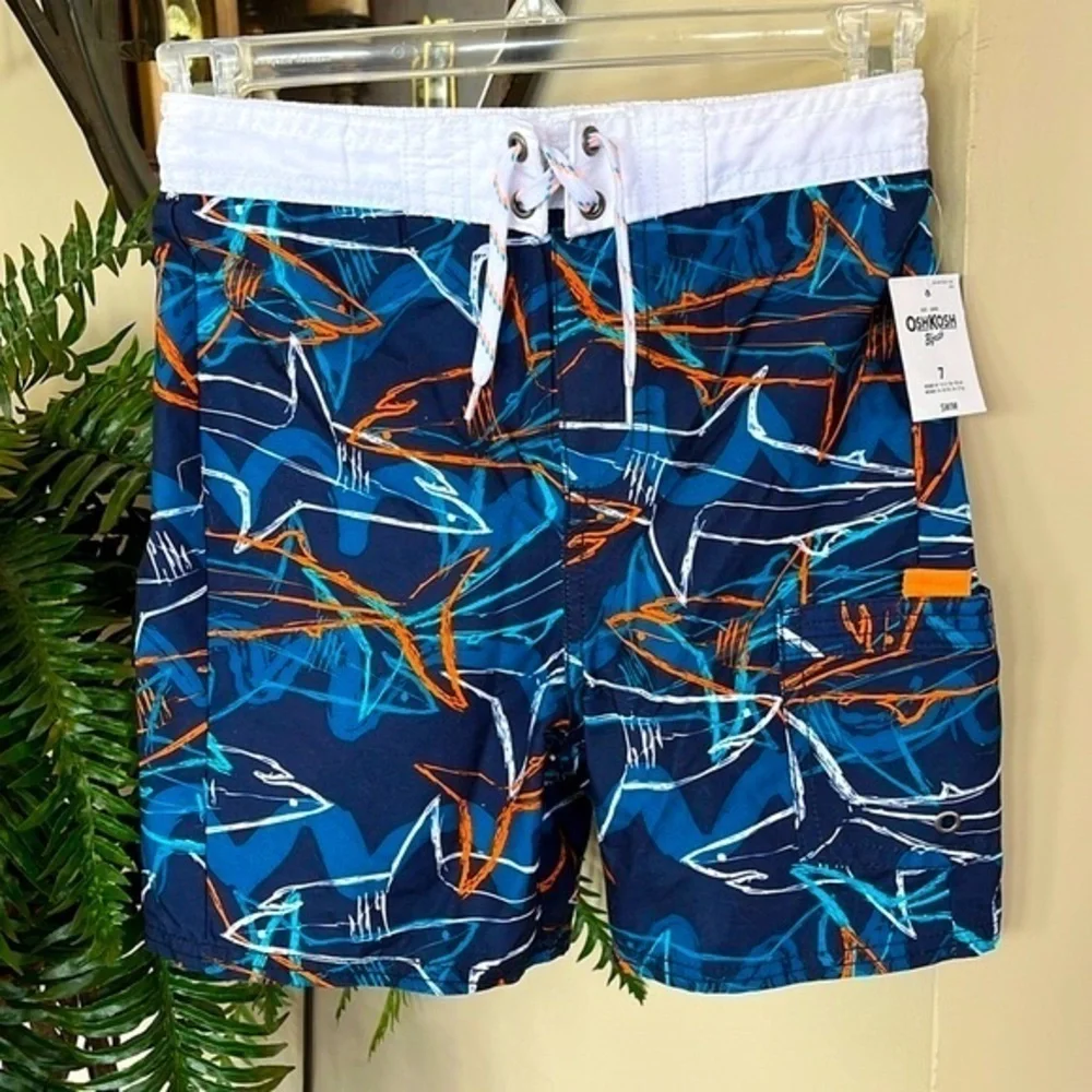 Brand New Oshkosh Swim Shorts Navy Blue Orange Graphic Shark Print Swim Trunks